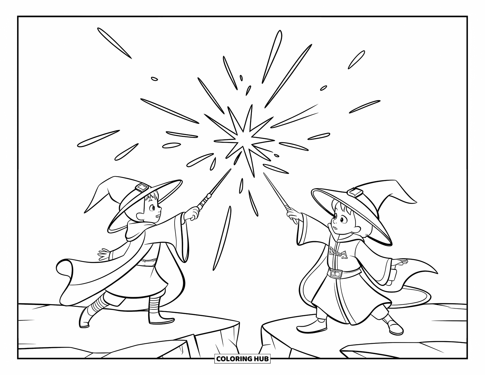 Magic Coloring Page for Kids: Two young wizards duel with glowing wands in a spark-filled night sky