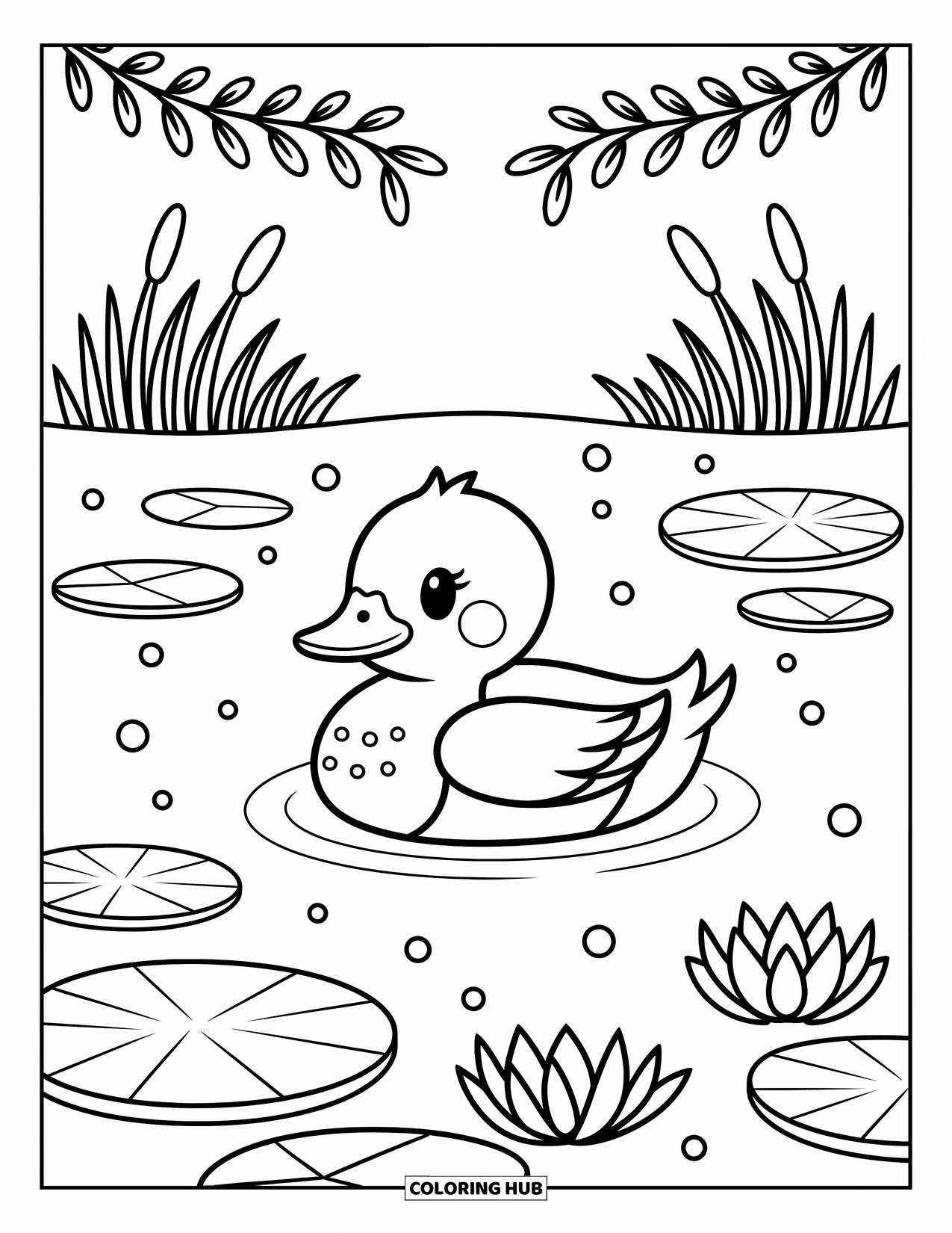 Mallard Duck Coloring Page for Adults: Mallard floating on a pond with lily pads, cattails, and willow branches