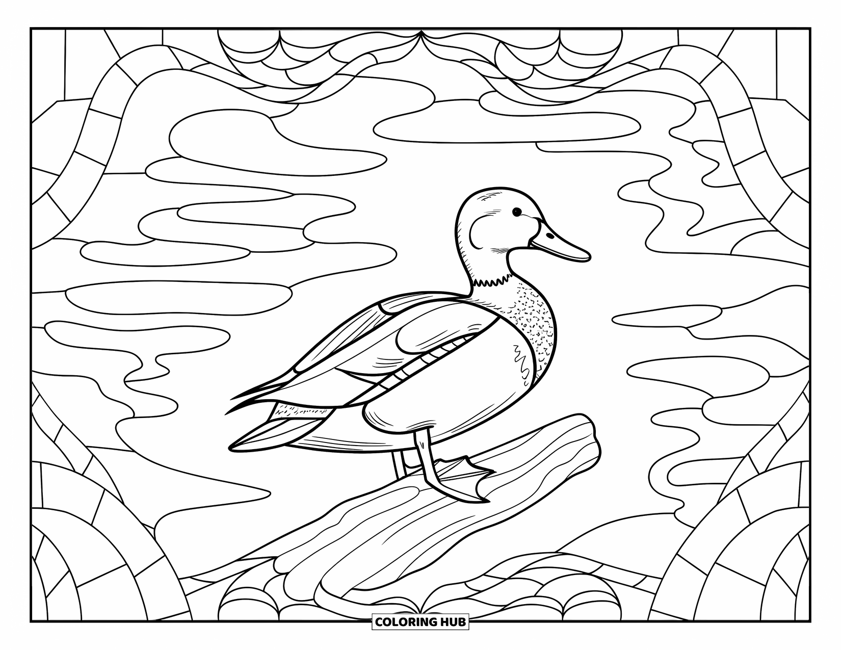 Mallard Duck Coloring Page for Adults: Mallard on a log with intricate stained glass water patterns