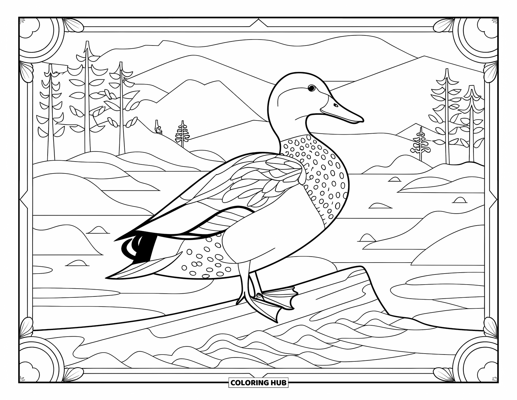 Mallard Duck Coloring Page for Adults: Mallard perched on a log surrounded by stained glass water patterns