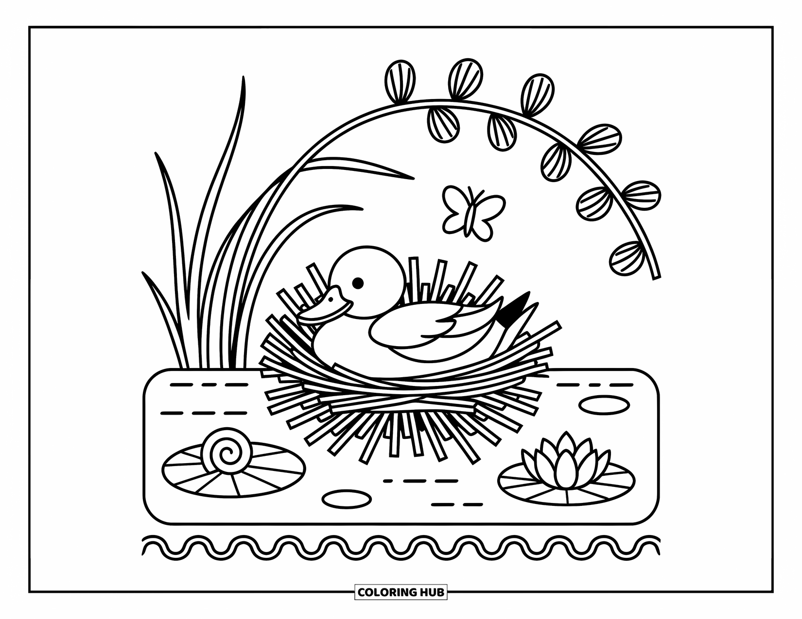 Mallard Duck Coloring Page for Adults: Mallard resting in a nest with eggs, reeds, a lily pad, and butterfly