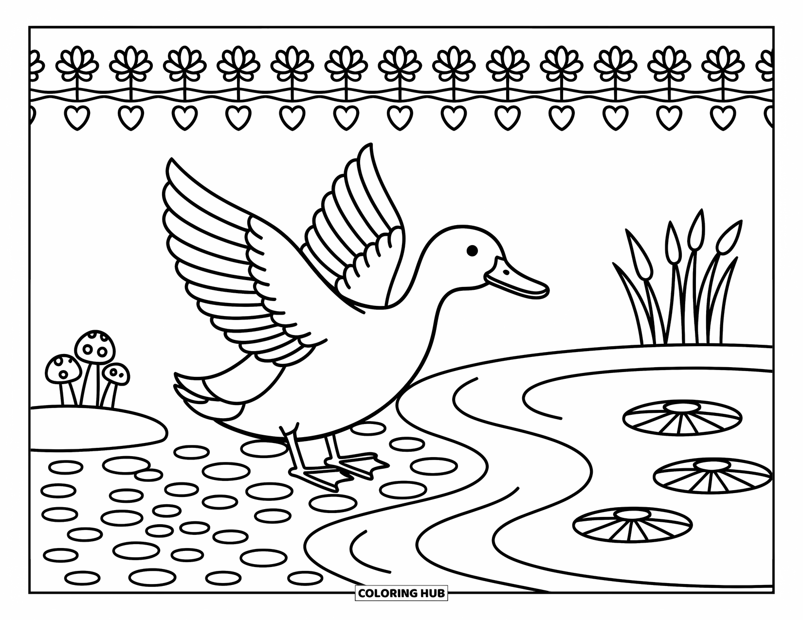 Mallard Duck Coloring Page for Adults: Mallard stretching its wings on a pebble shore with lily pads and mushrooms