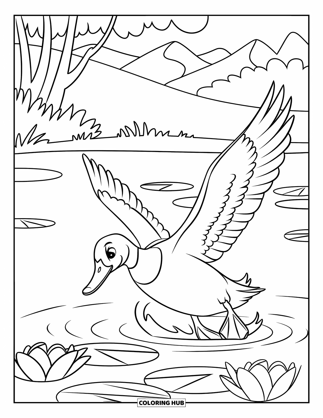 Mallard Duck Coloring Page for Kids: Mallard duck diving into a pond surrounded by mountains and trees