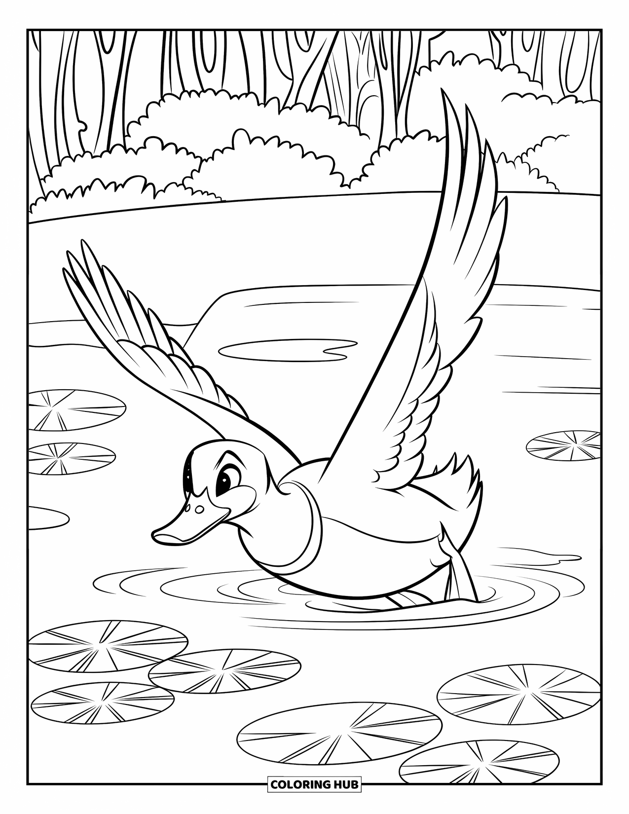 Mallard Duck Coloring Page for Kids: Mallard duck diving into a pond with lily pads and forest nearby