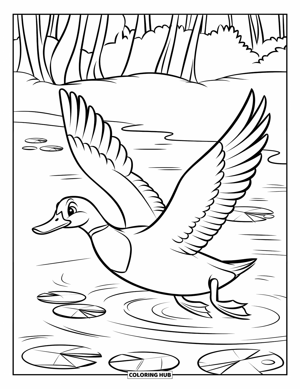 Mallard Duck Coloring Page for Kids: Mallard duck diving into a pond with lily pads and trees