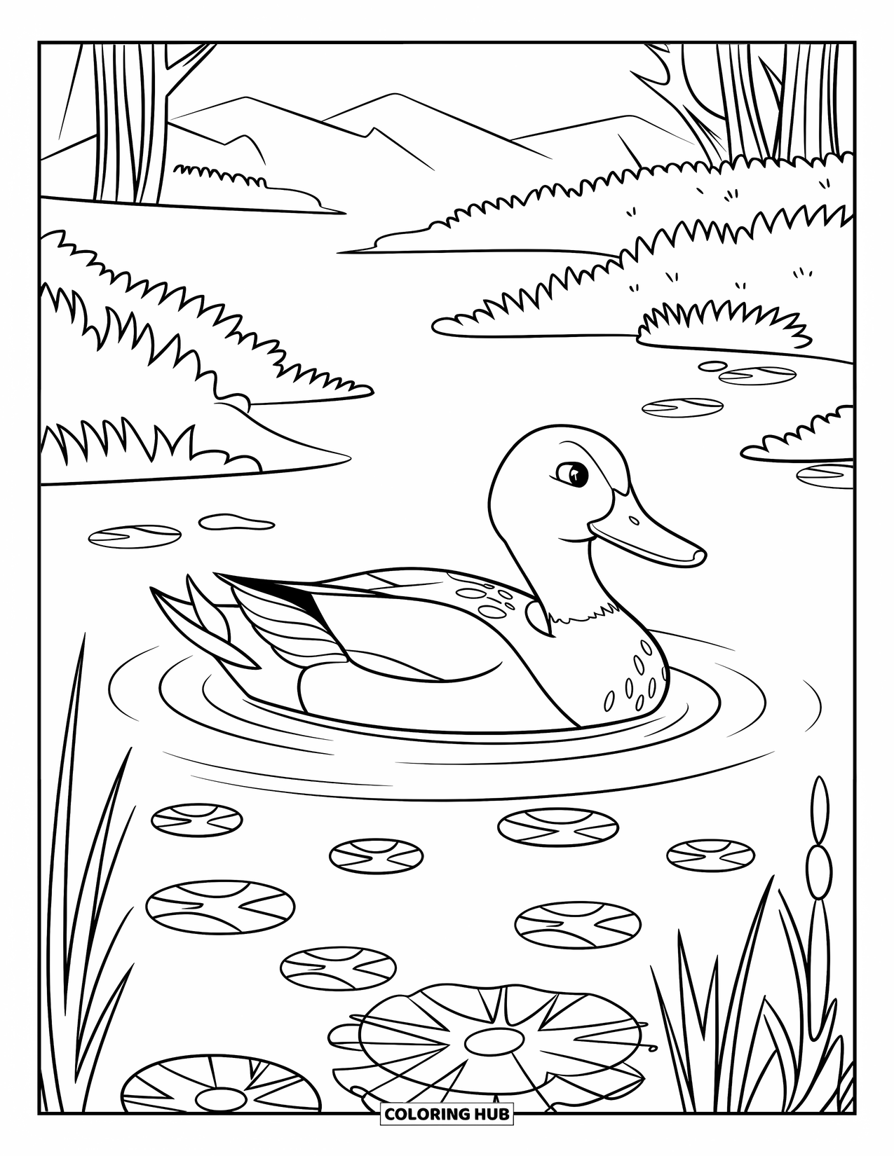 Mallard Duck Coloring Page for Kids: Mallard duck floating among water plants in a scenic pond
