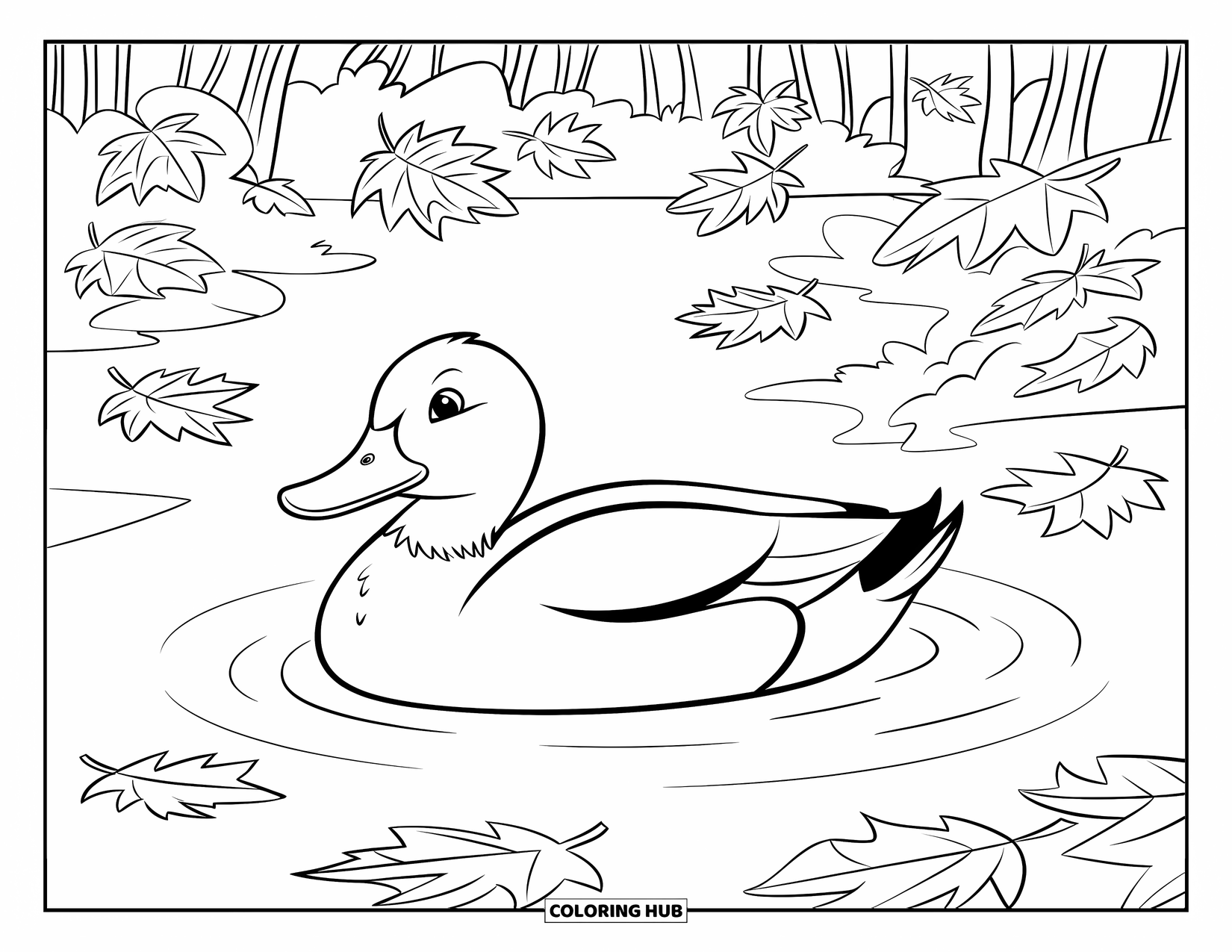 Mallard Duck Coloring Page for Kids: Mallard duck floating on calm water with autumn leaves around