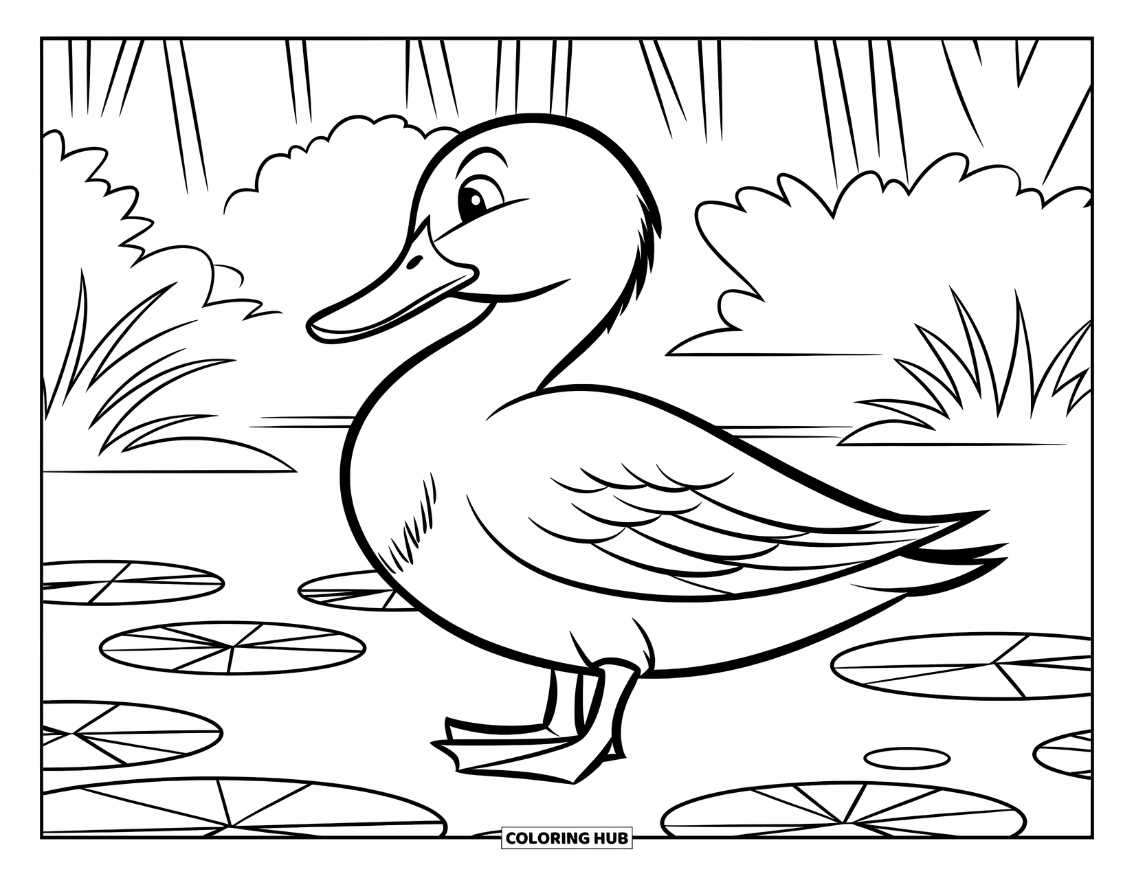 Mallard Duck Coloring Page for Kids: Mallard duck on one foot near lily pads and trees