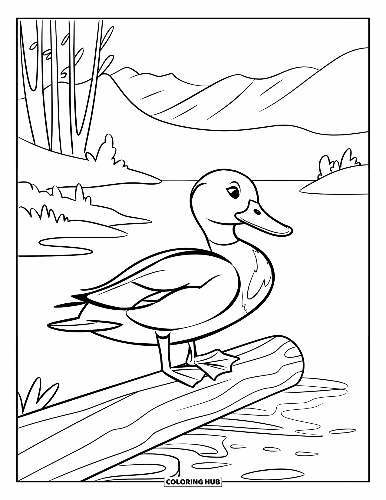 Mallard Duck Coloring Page for Kids: Mallard duck perched on a log in a mountain landscape