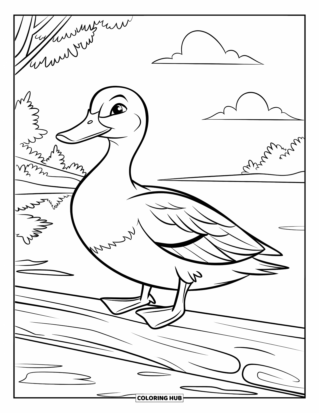 Mallard Duck Coloring Page for Kids: Mallard duck perched on a log near calm water and trees