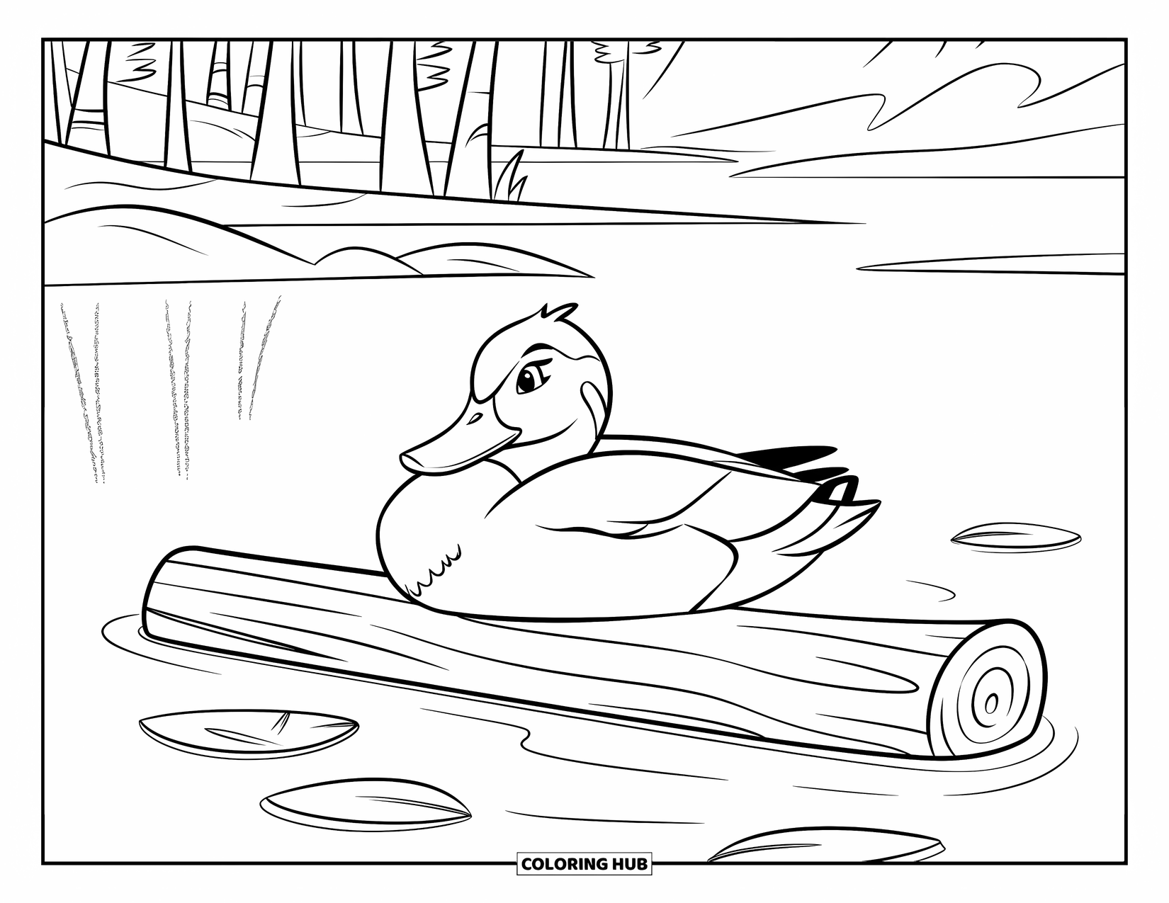 Mallard Duck Coloring Page for Kids: Mallard duck resting on a log in water with mountain views