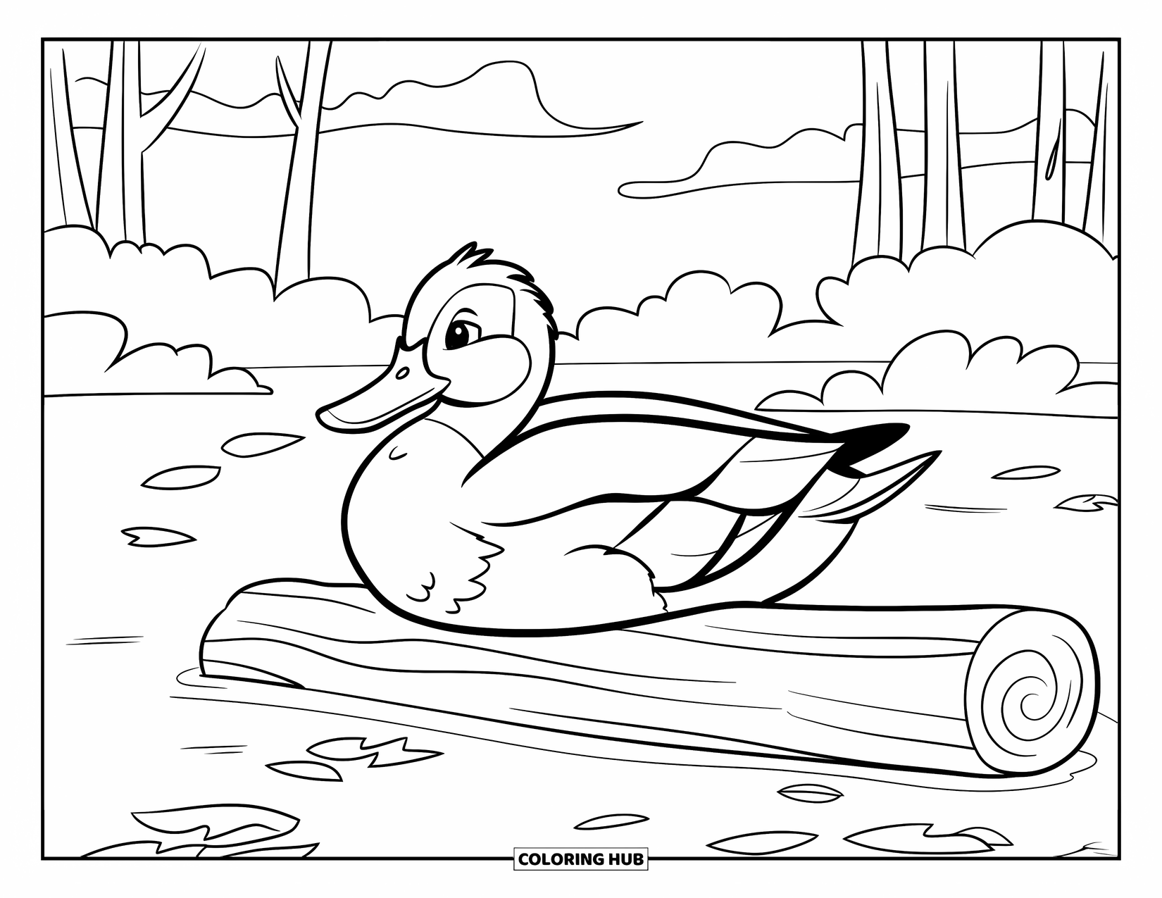 Mallard Duck Coloring Page for Kids: Mallard duck resting on a log surrounded by calm water and leaves