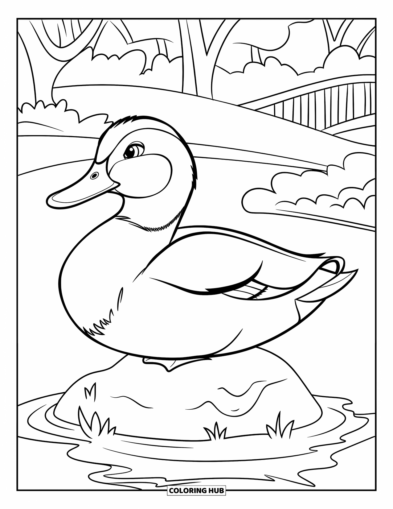 Mallard Duck Coloring Page for Kids: Mallard duck resting on a rock near water and a bridge