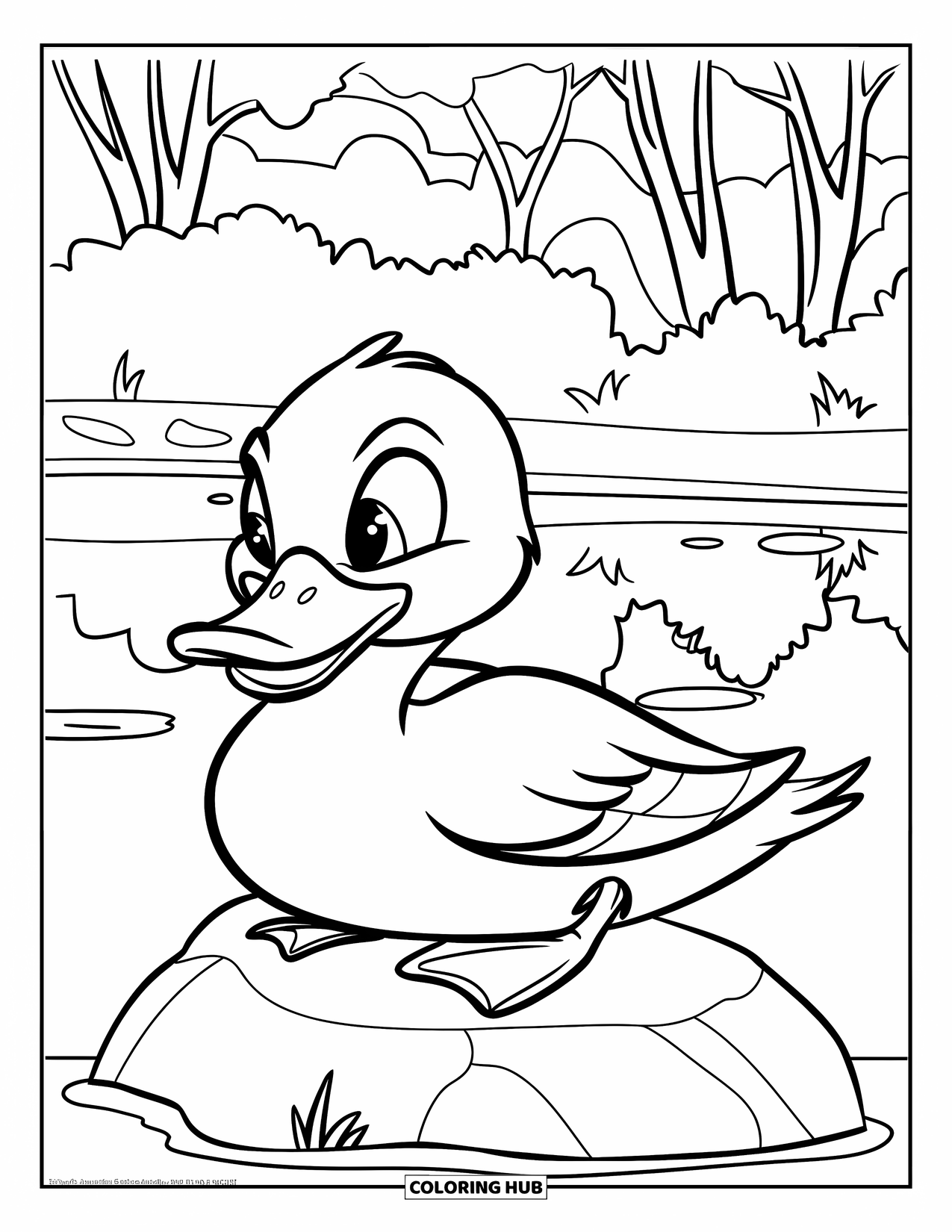 Mallard Duck Coloring Page for Kids: Mallard duck resting on a rock with calm pond and trees