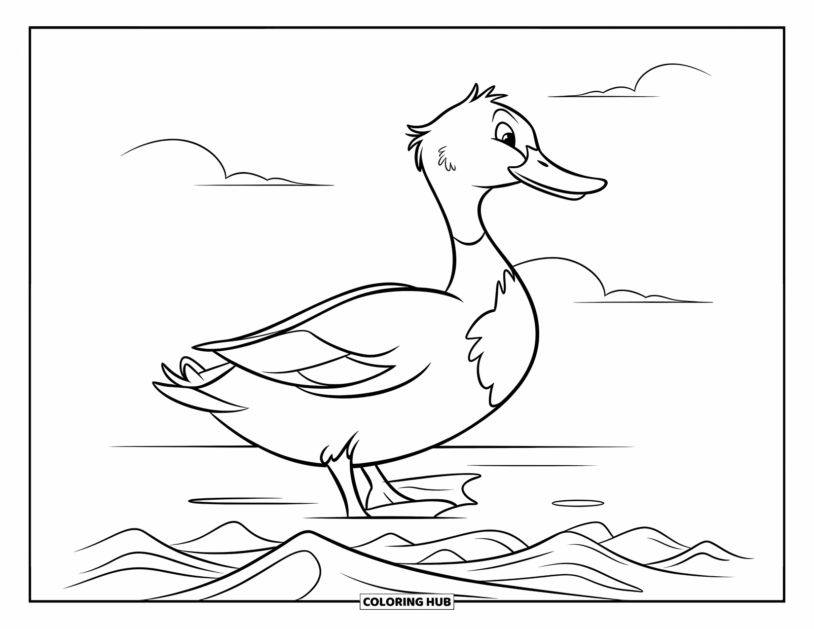 Mallard Duck Coloring Page for Kids: Mallard duck silhouette on calm water with a few clouds