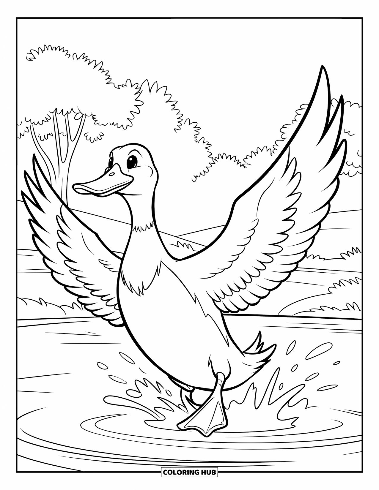Mallard Duck Coloring Page for Kids: Mallard duck splashing in a pond with trees nearby