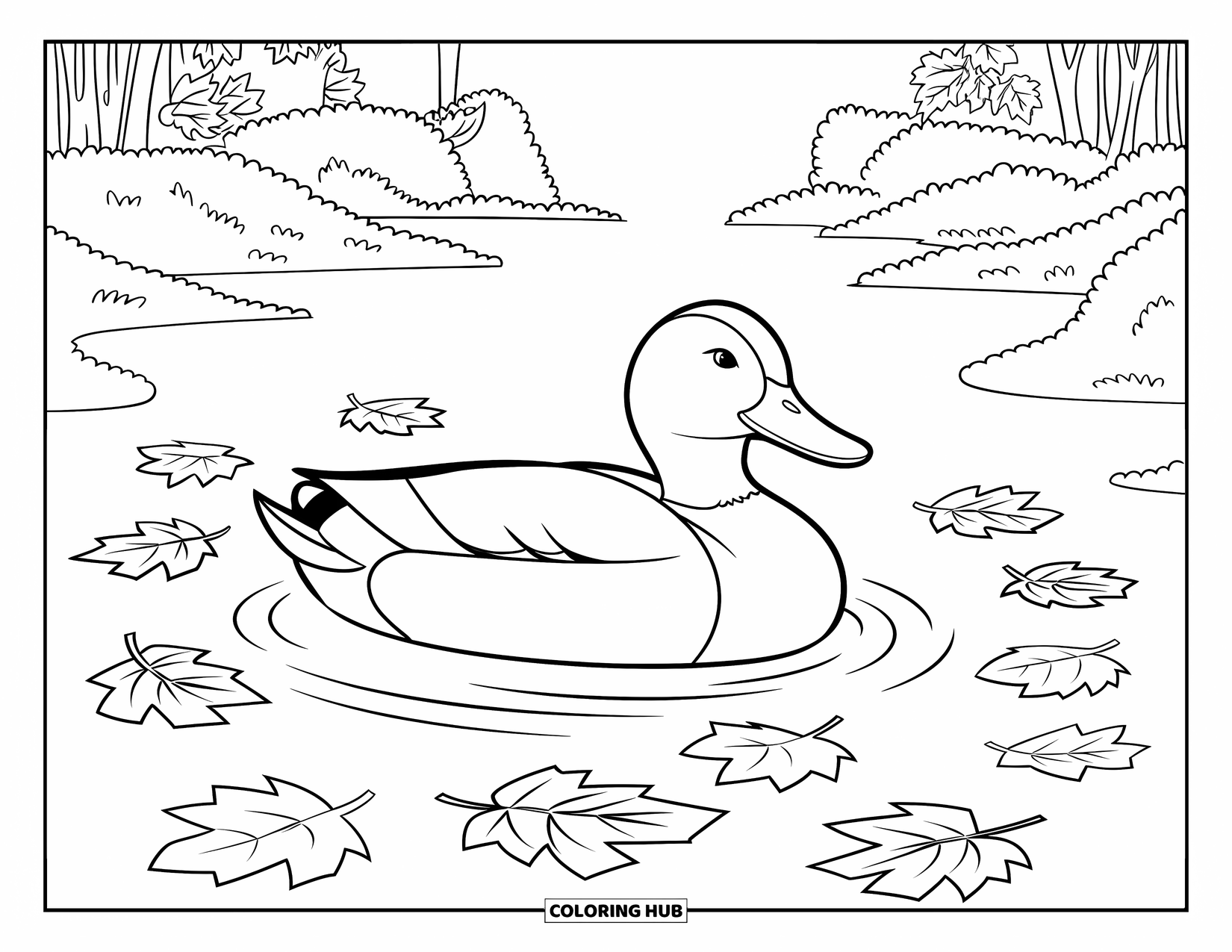 Mallard Duck Coloring Page for Kids: Mallard duck surrounded by floating autumn leaves in a quiet lake