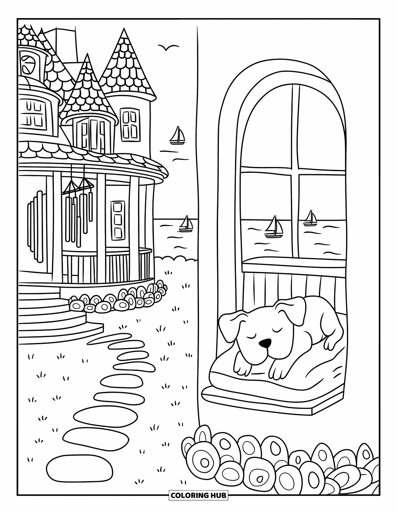 Mansion Coloring Page for Adults: Charming seaside mansion with wind chimes and ocean view