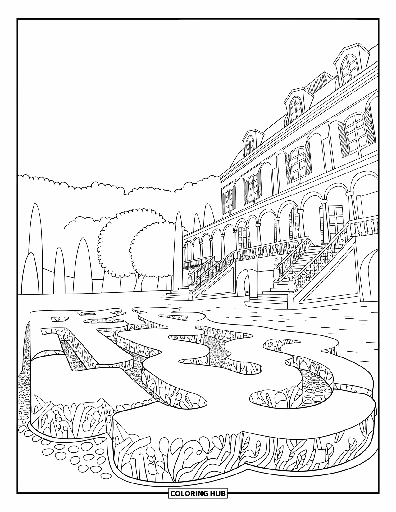 Mansion Coloring Page for Adults: Château-style mansion with sculpted shrubs and cobblestone path