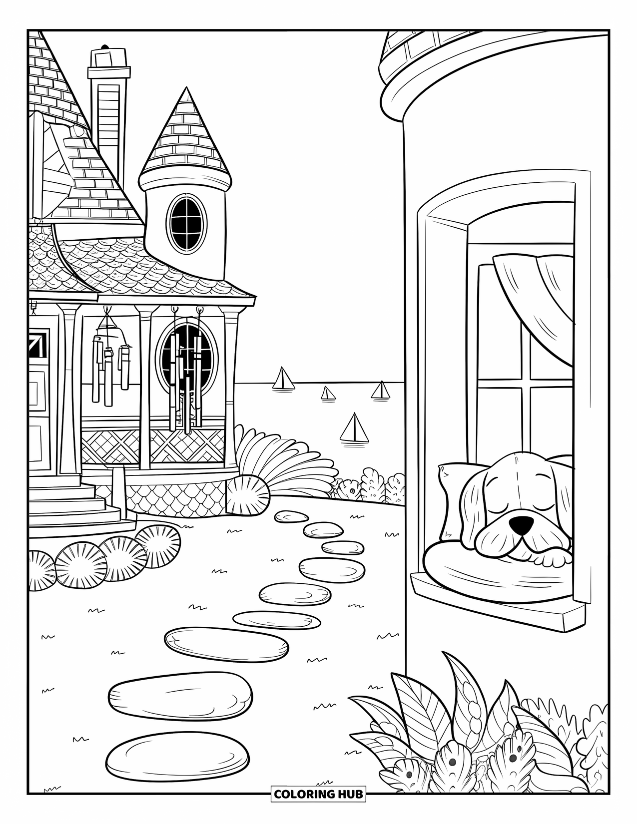 Mansion Coloring Page for Adults: Cozy seaside mansion with rounded turrets and curved path