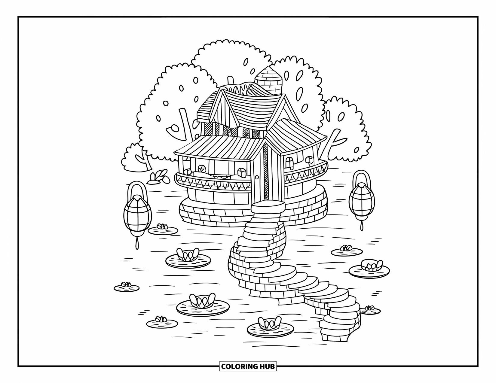 Mansion Coloring Page for Adults: Kawaii lakeside mansion with curved staircase, lily pads, and floating lanterns
