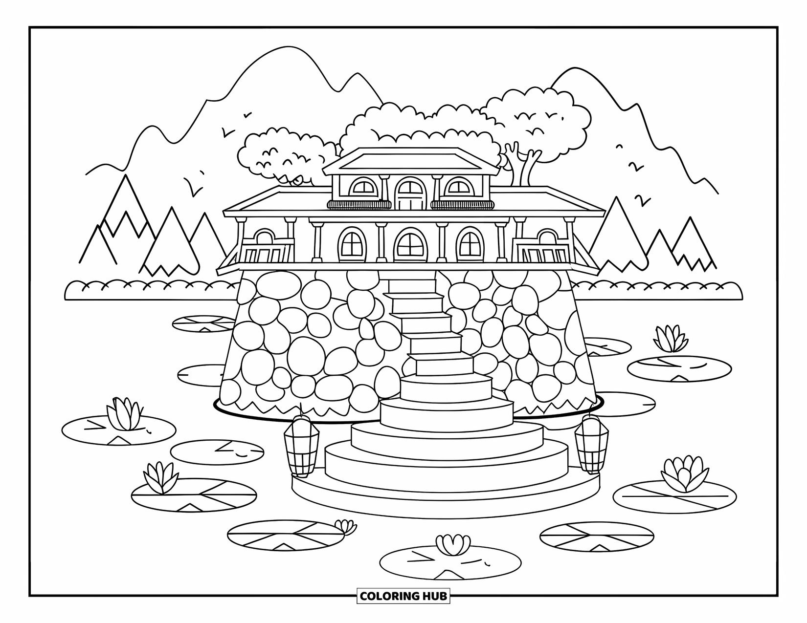 Mansion Coloring Page for Adults: Lakeside kawaii mansion on stone pillars with lanterns and lily pads