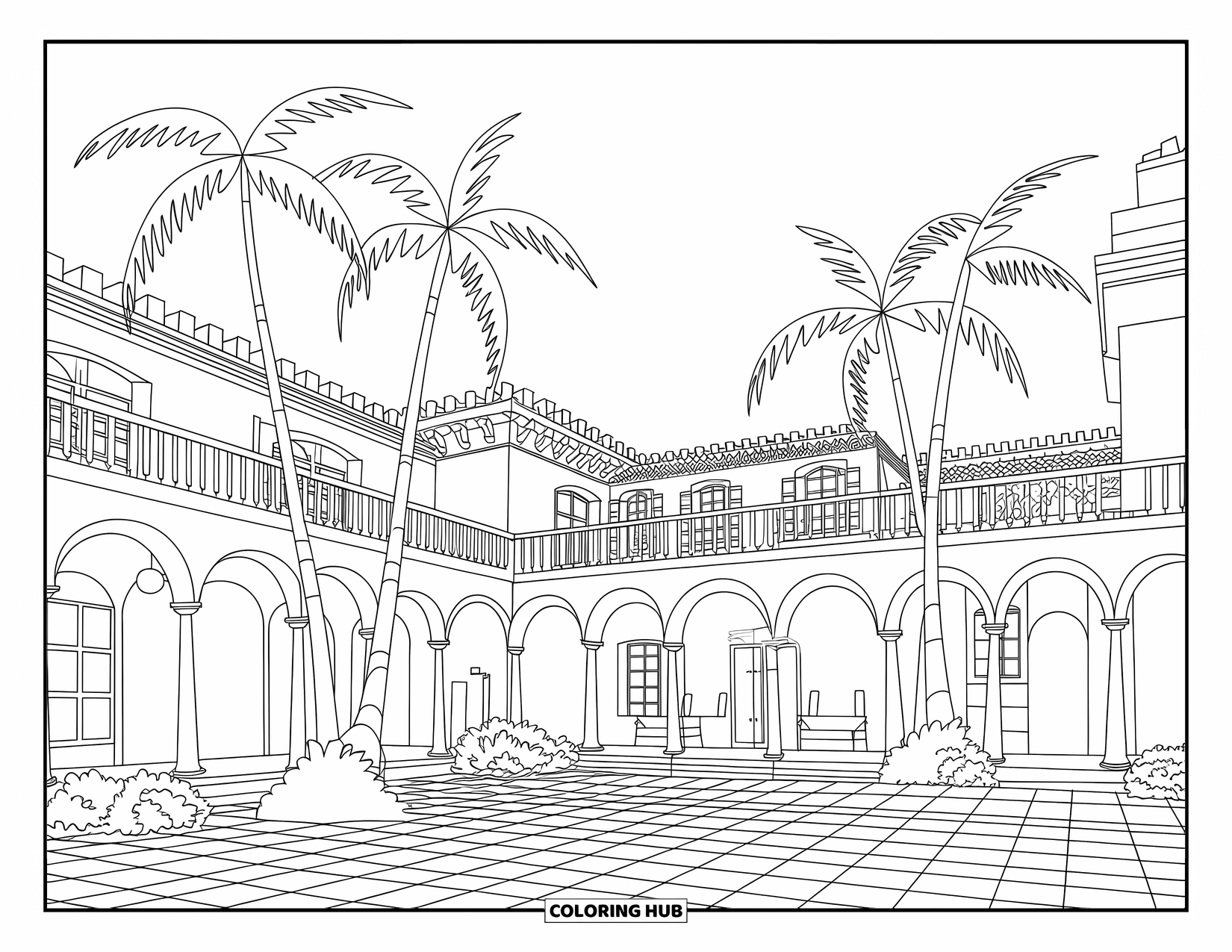 Mansion Coloring Page for Adults: Mediterranean-style mansion surrounded by palm trees