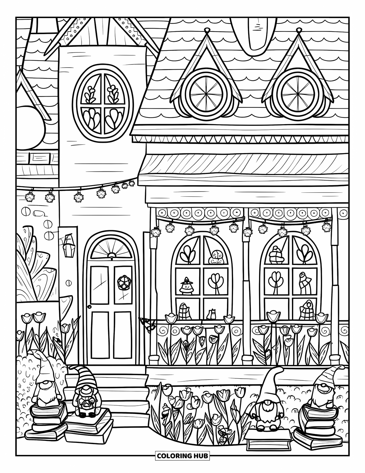 Mansion Coloring Page for Adults: Playful whimsical mansion with spiral peaks and garden gnomes