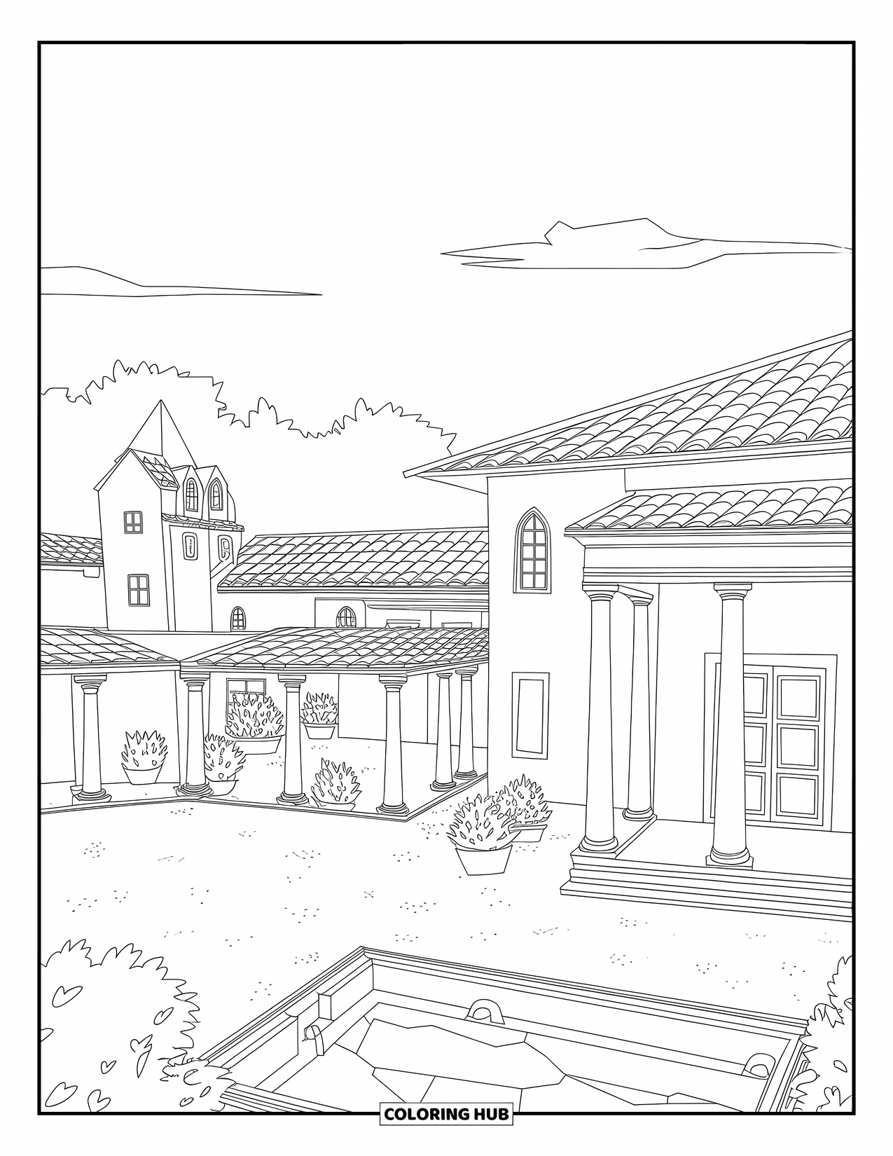 Mansion Coloring Page for Adults: Roman villa with grand entrance and columned courtyard