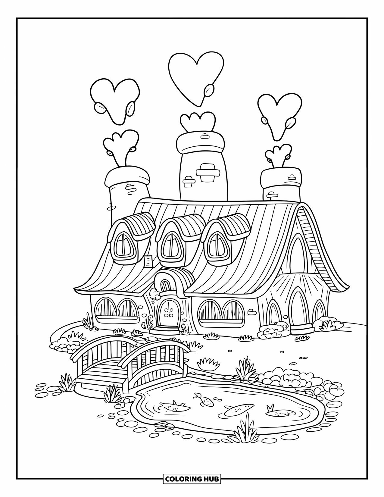 Mansion Coloring Page for Adults: Small hilltop mansion with chimneys and wooden bridge