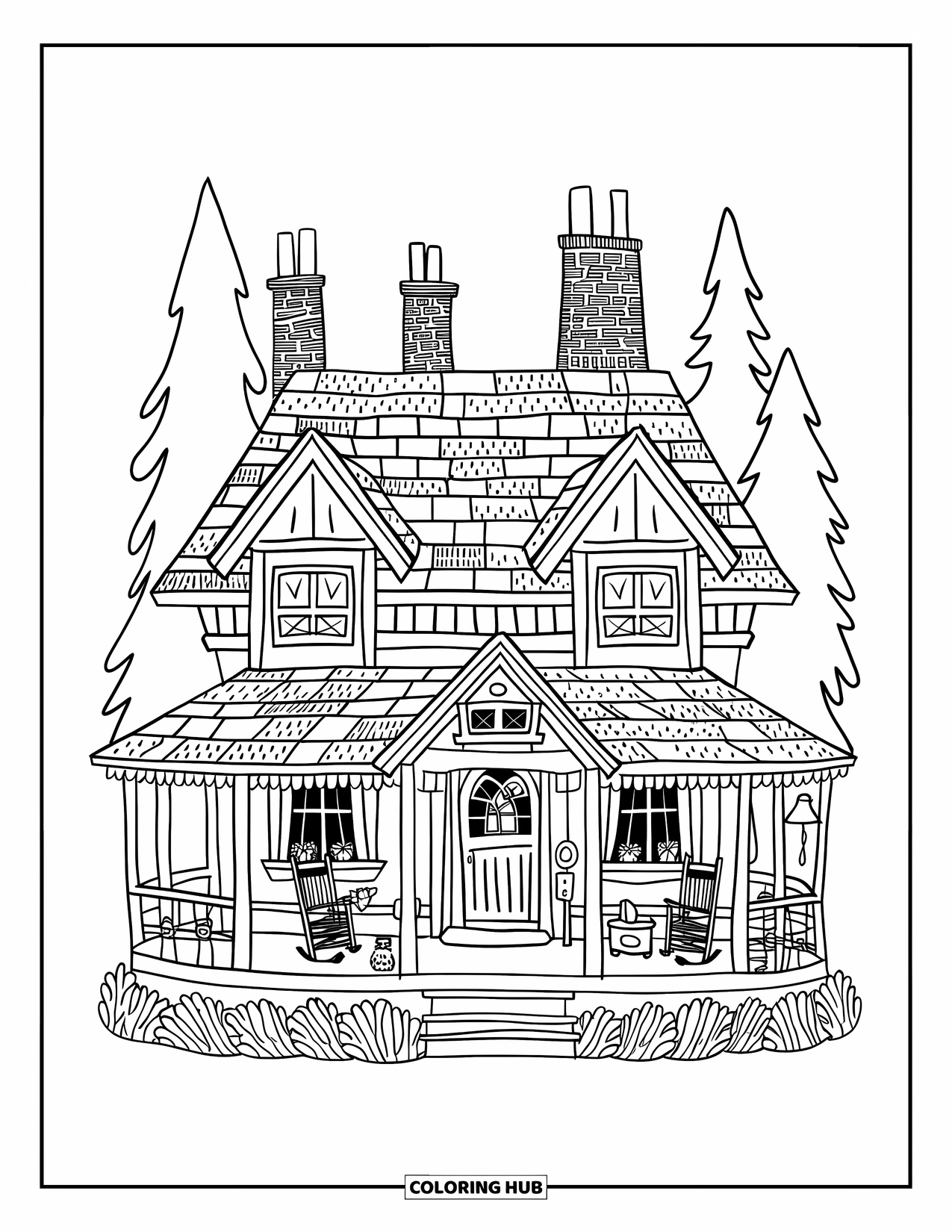 Mansion Coloring Page for Adults: Snug forest-edge mansion with patchwork roof and small details