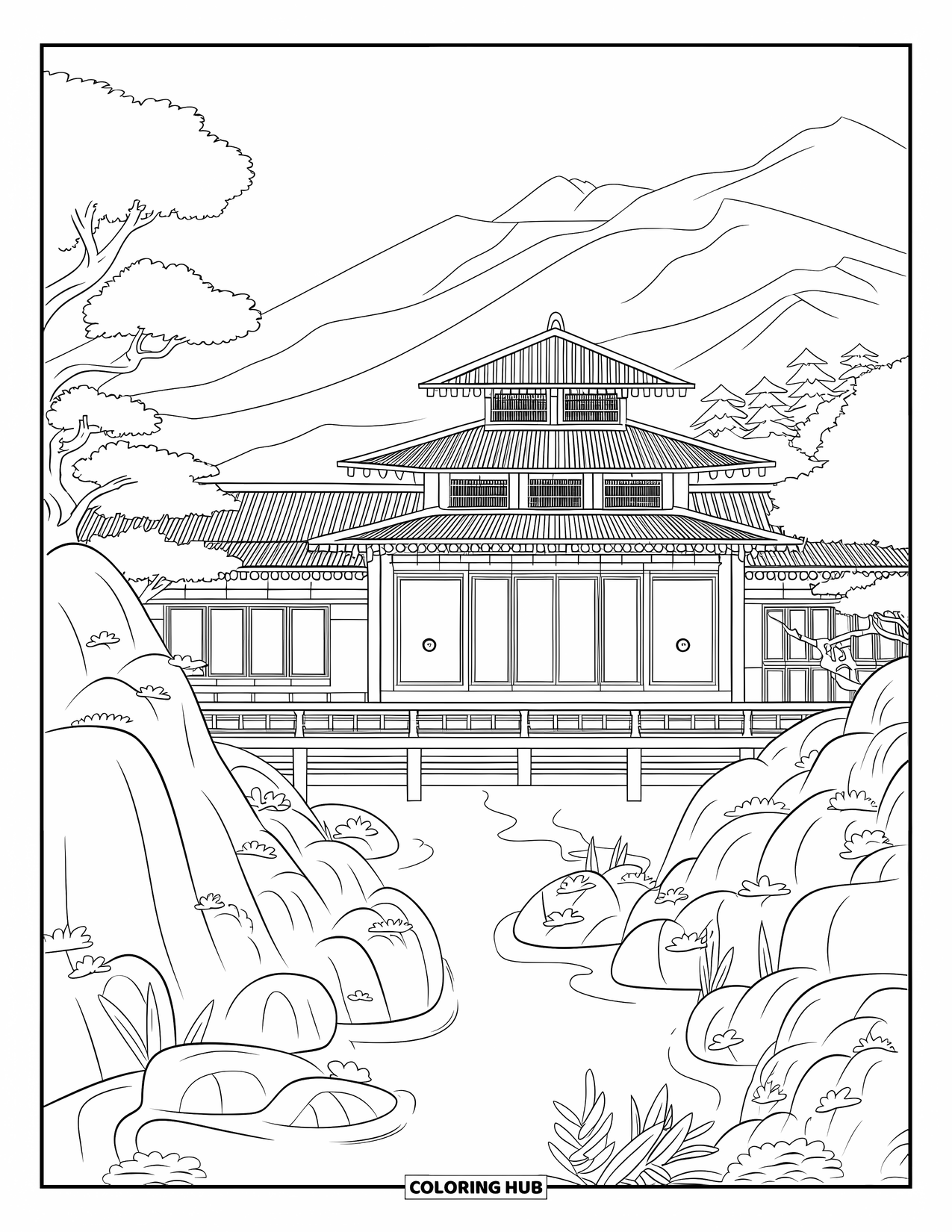 Mansion Coloring Page for Adults: Tranquil Japanese-style mansion with mossy landscape and bridge