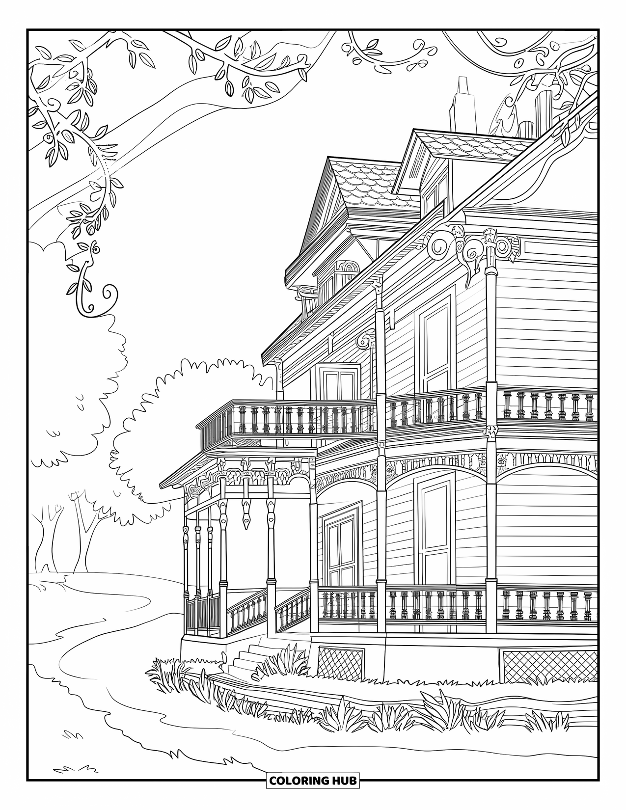 Mansion Coloring Page for Adults: Victorian mansion with wraparound porch and ornate details