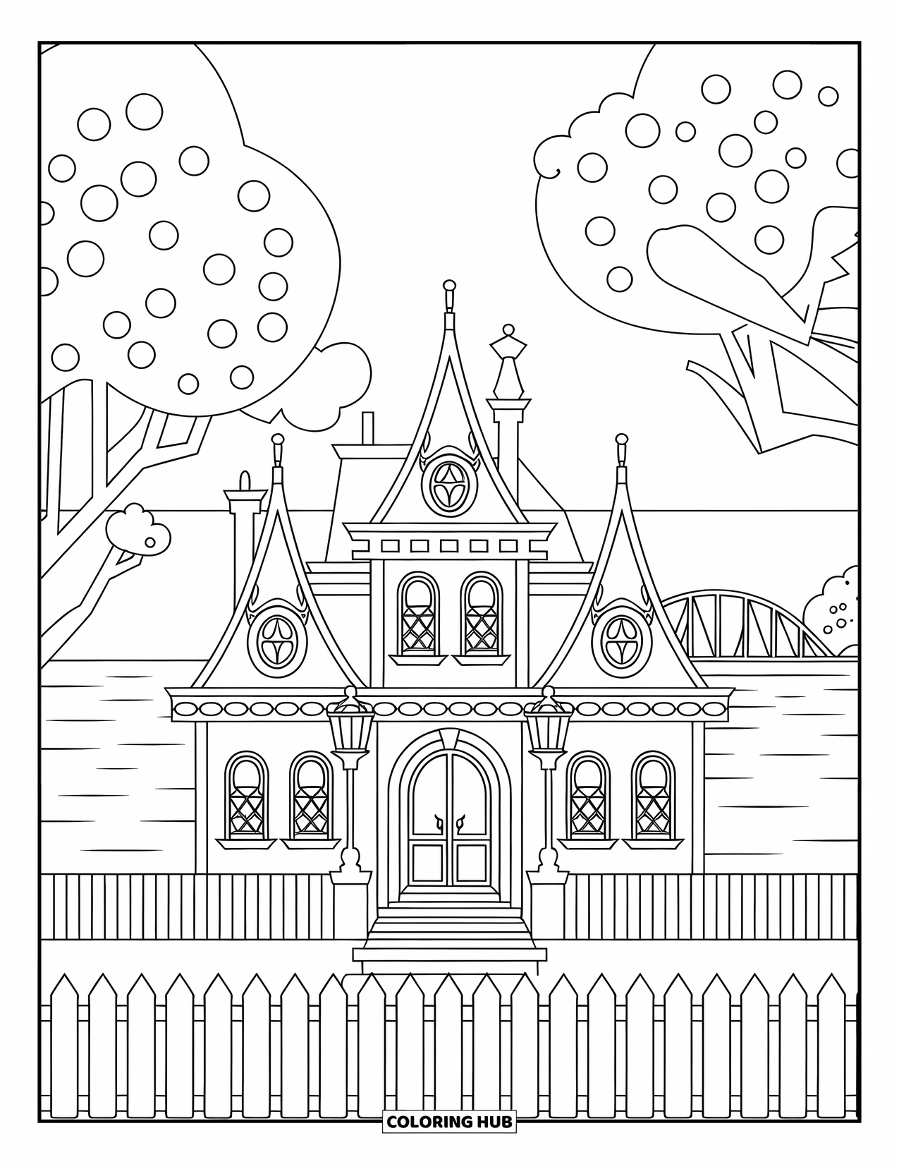 Mansion Coloring Page for Kids: Charming mansion with red roof, fence, and nearby bridge