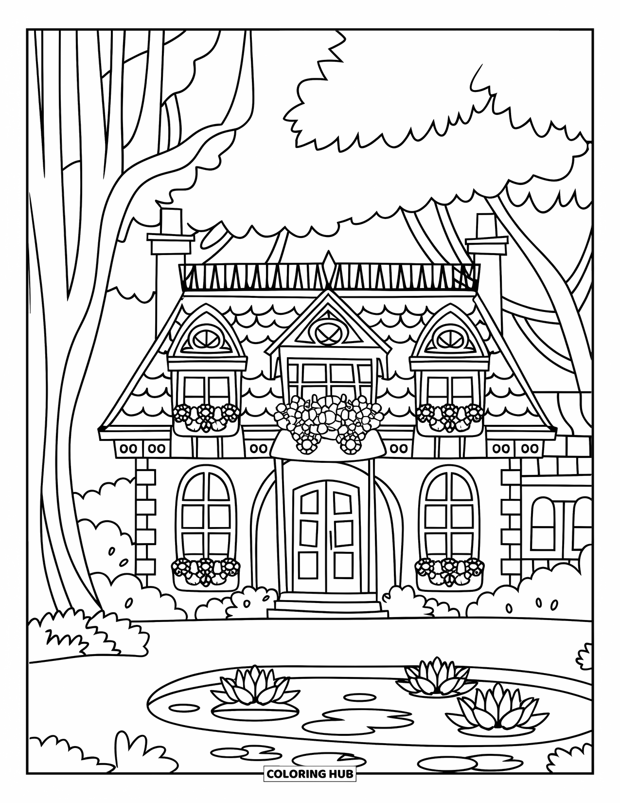 Mansion Coloring Page for Kids: Charming mansion with twin chimneys, pond, and surrounding trees