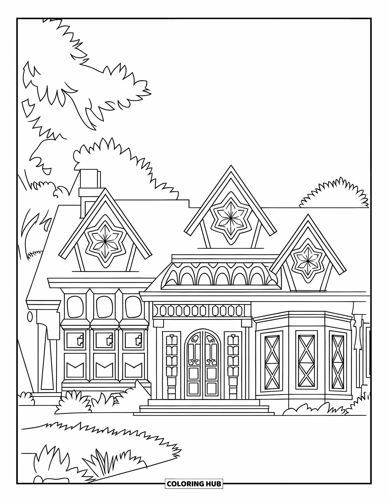 Mansion Coloring Page for Kids: Cozy mansion with star-shaped windows and surrounded by greenery