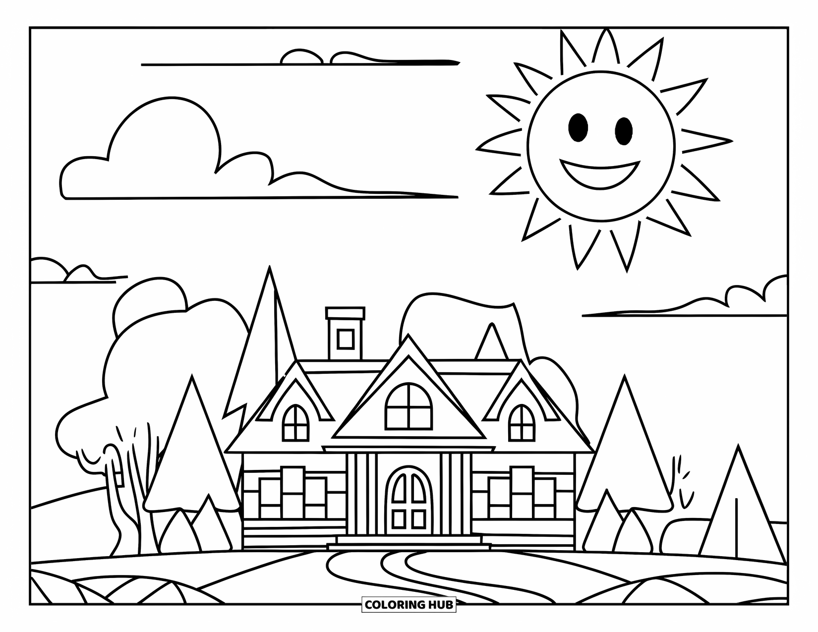 Mansion Coloring Page for Kids: Cozy mansion with trees nearby, a winding road, and a smiling sun above