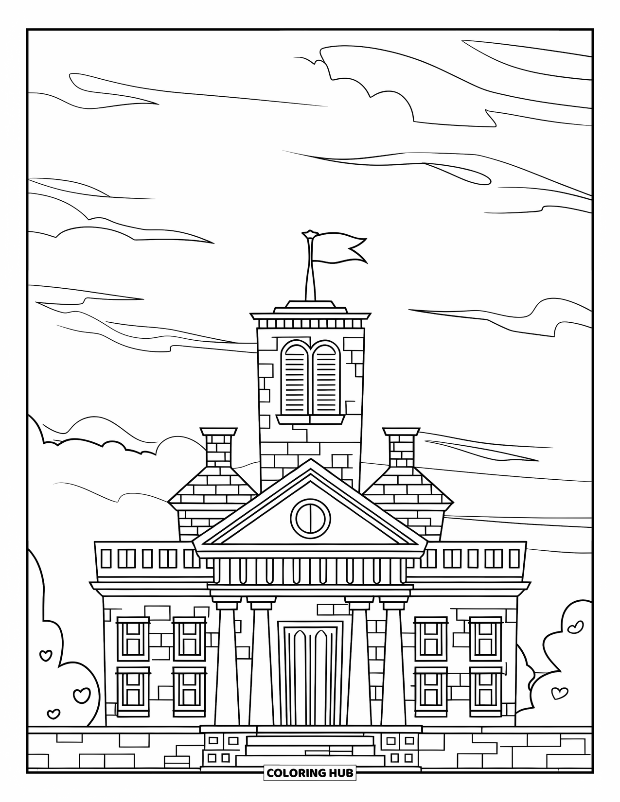 Mansion Coloring Page for Kids: Elegant tall mansion with brick details, four columns, and flag