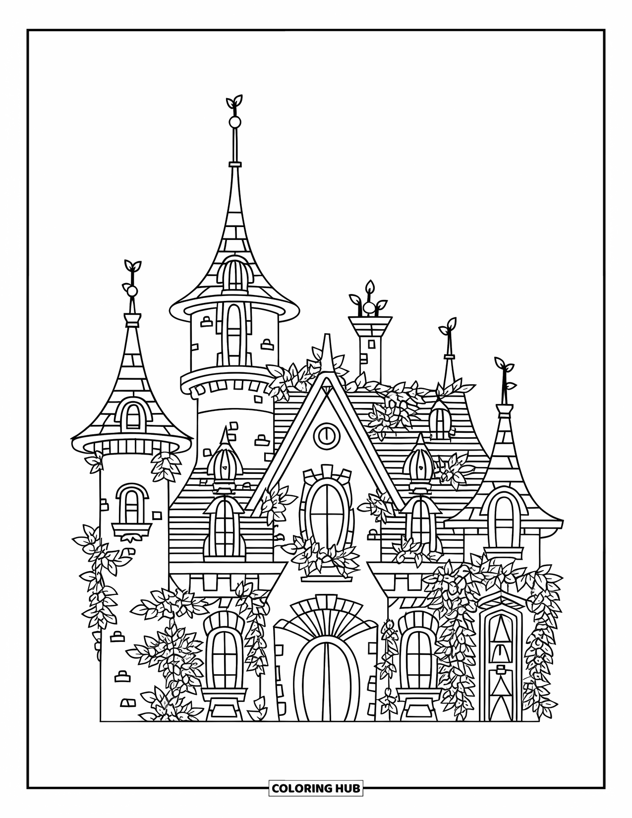 Mansion Coloring Page for Kids: Fantasy mansion with cylindrical towers, ivy details, and central spire