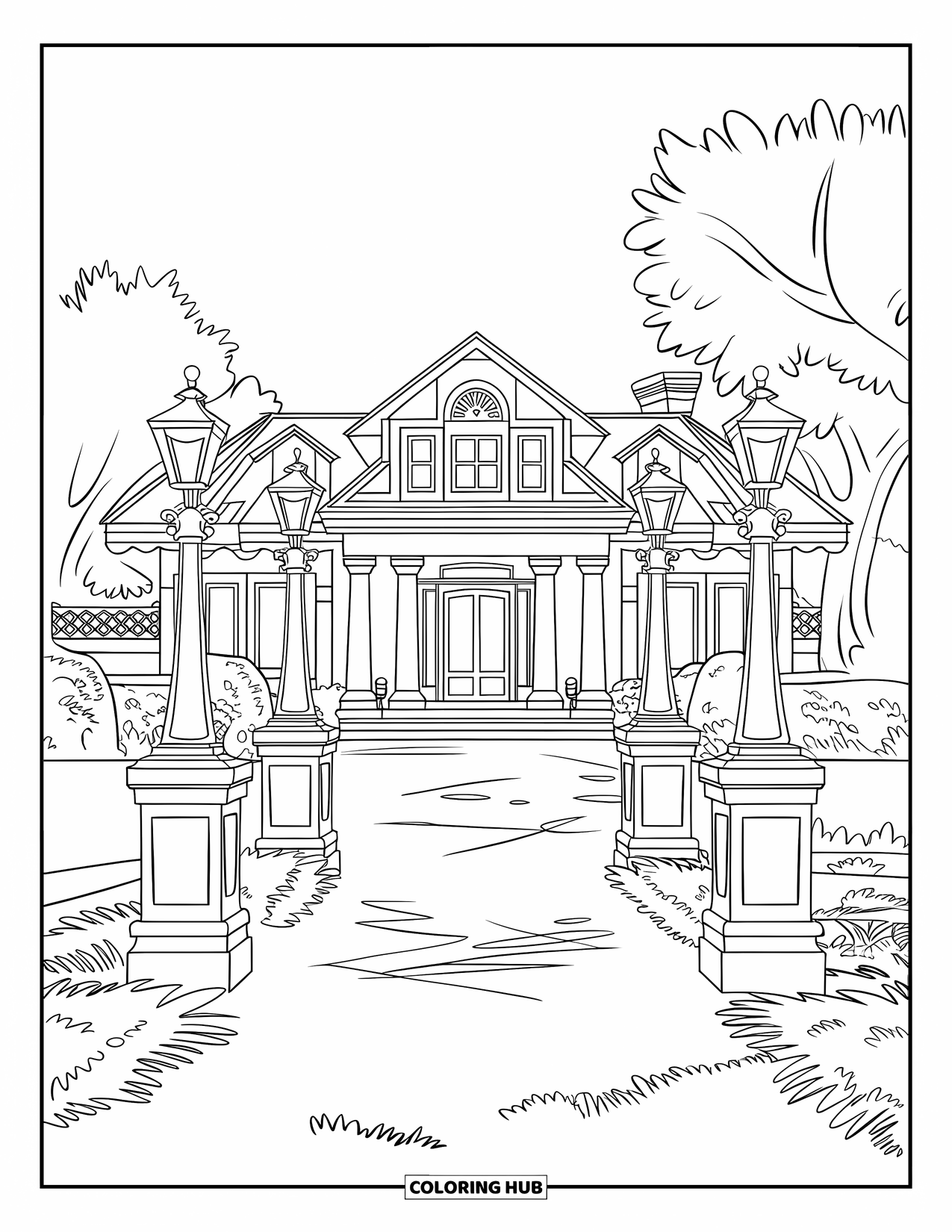 Mansion Coloring Page for Kids: Mansion with columned entrance, light posts, and surrounding garden