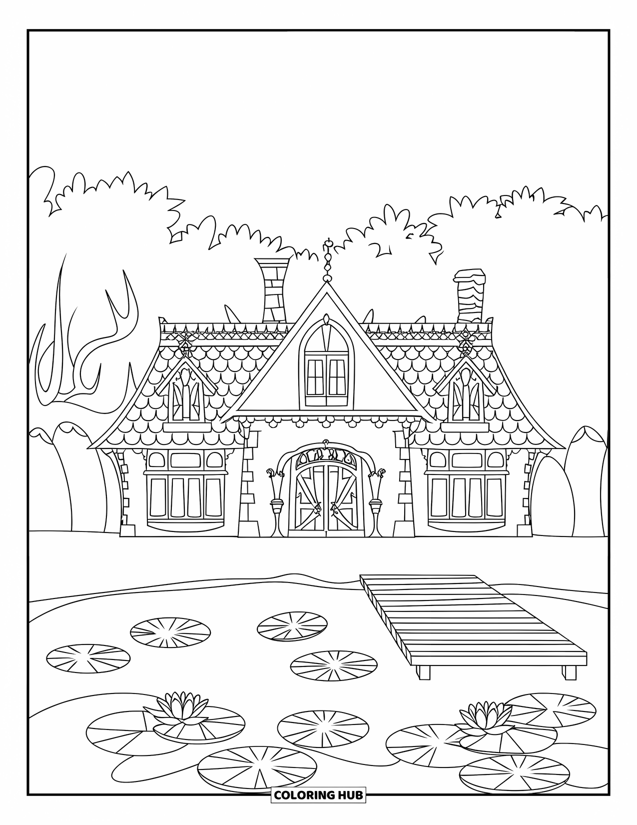 Mansion Coloring Page for Kids: Mansion with decorated roof, chimneys, pond, and a wooden dock