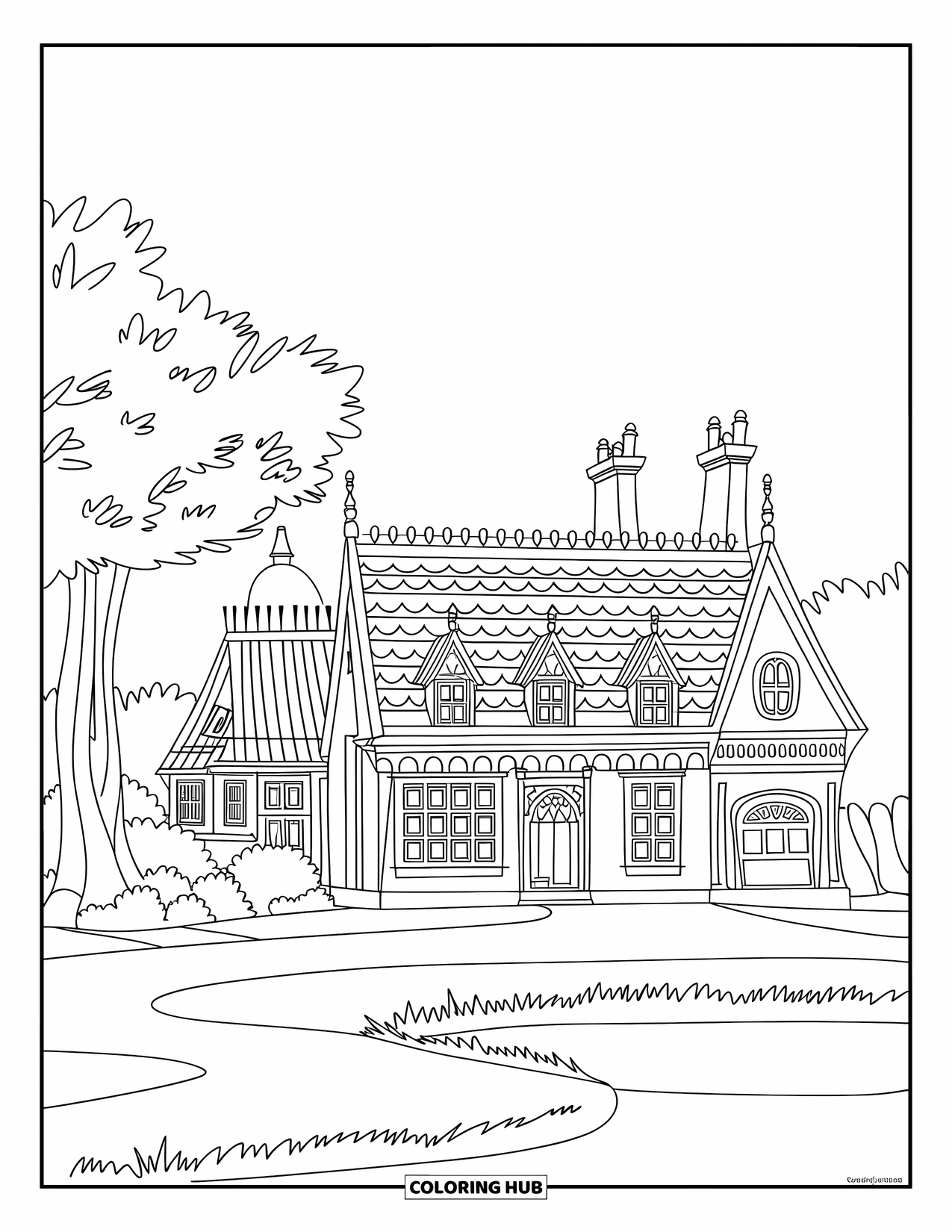 Mansion Coloring Page for Kids: Mansion with decorated roof, twin chimneys, and a nearby pond