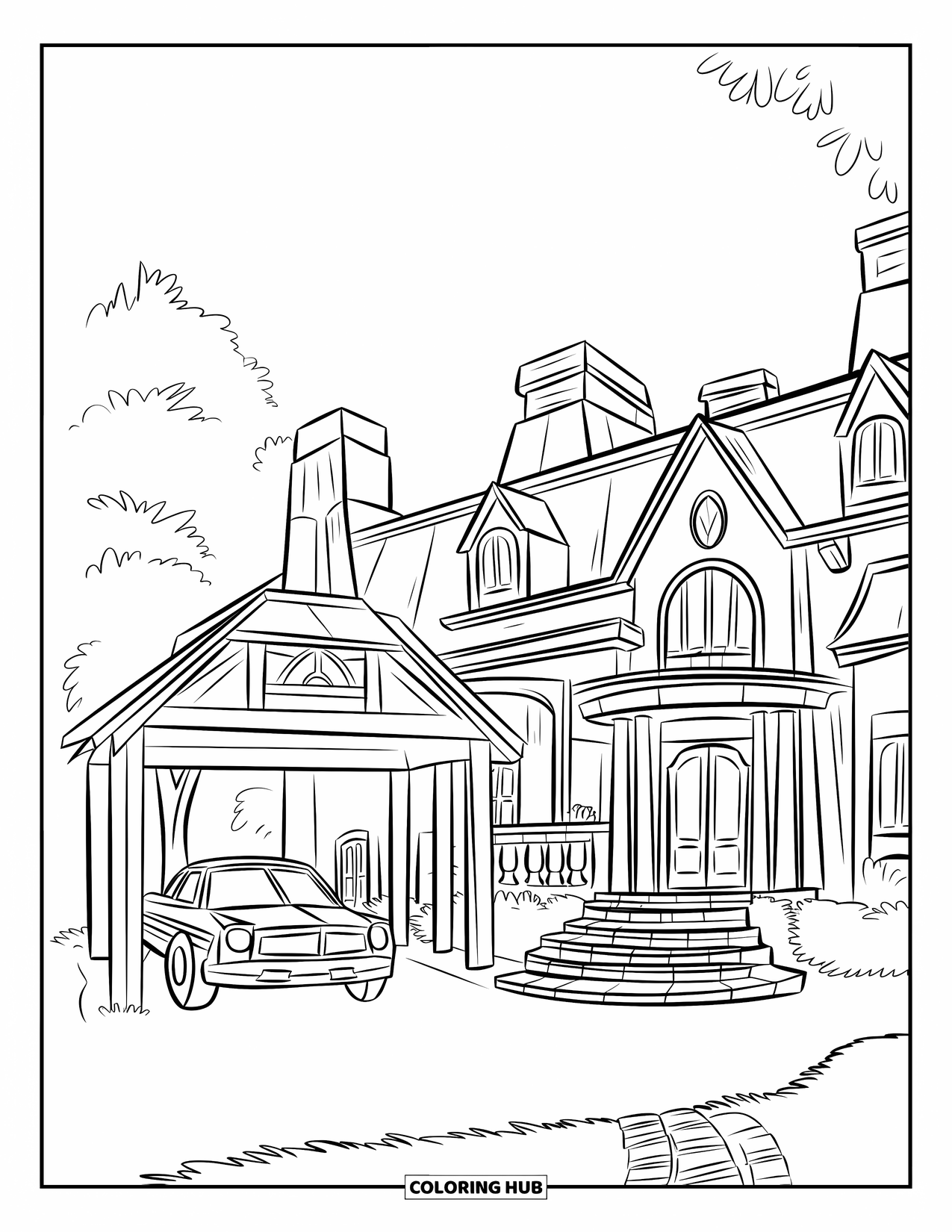 Mansion Coloring Page for Kids: Mansion with driveway, carport, stone steps, and a parked car
