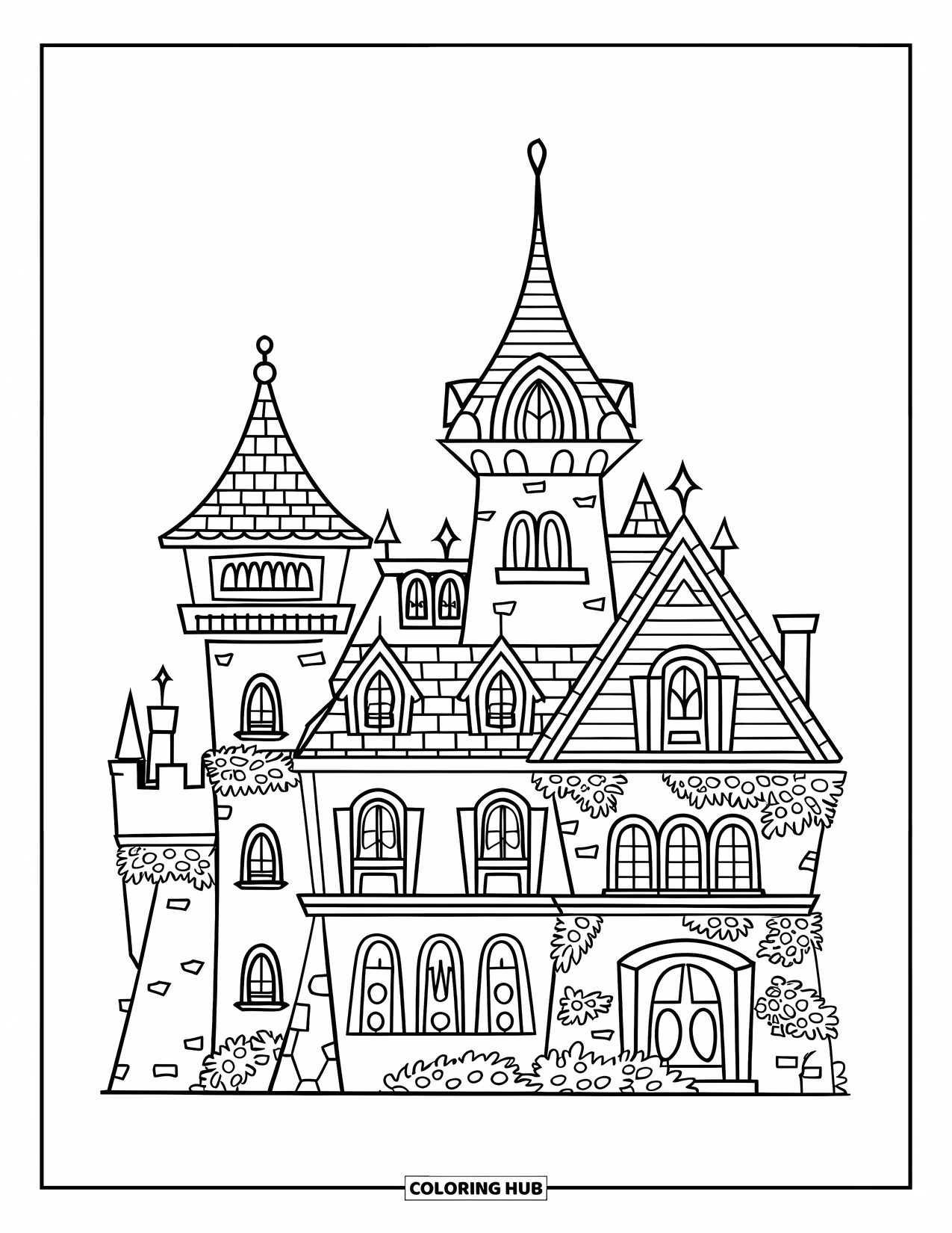 Mansion Coloring Page for Kids: Mansion with ivy-covered walls, multiple towers, and arched windows