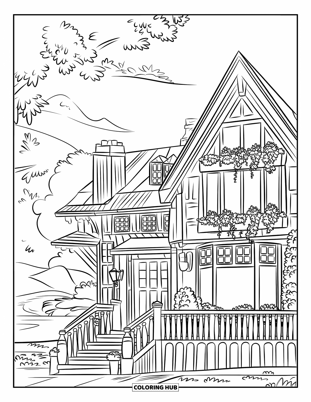 Mansion Coloring Page for Kids: Mansion with plant boxes, chimneys, stairs, and a serene mountain view
