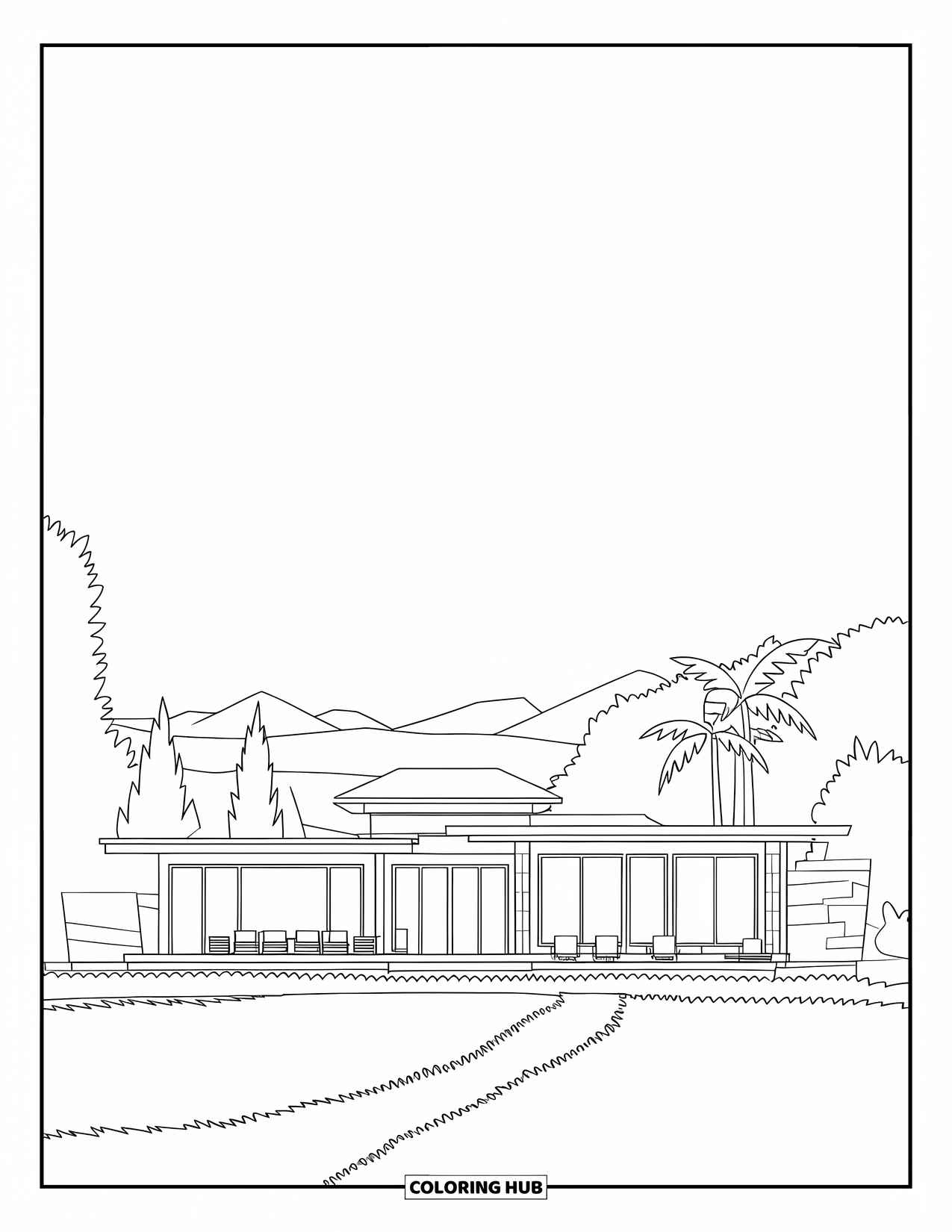 Mansion Coloring Page for Kids: Modern mansion with palm trees, lush greenery, and walkway to entrance