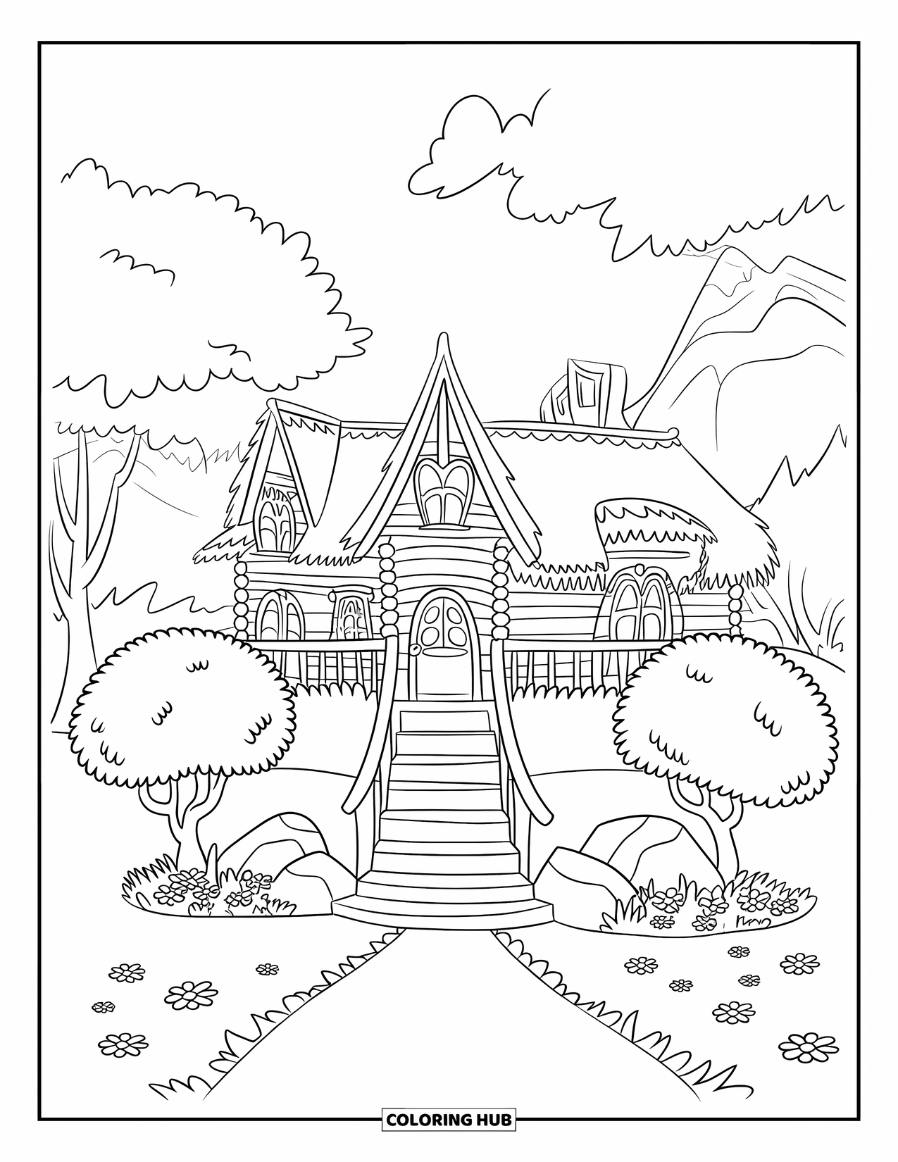 Mansion Coloring Page for Kids: Playful mansion with thatched roof, wooden beams, bushes, flowers, and mountain views