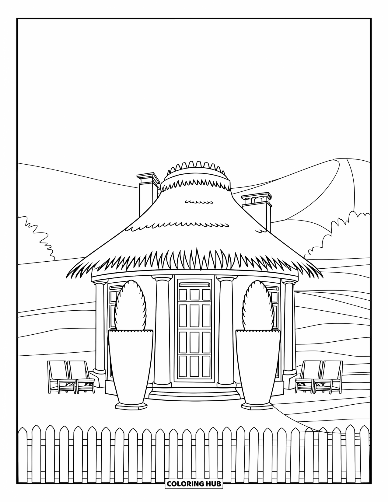 Mansion Coloring Page for Kids: Rounded mansion with chairs by tall plants and rolling hills in the distance