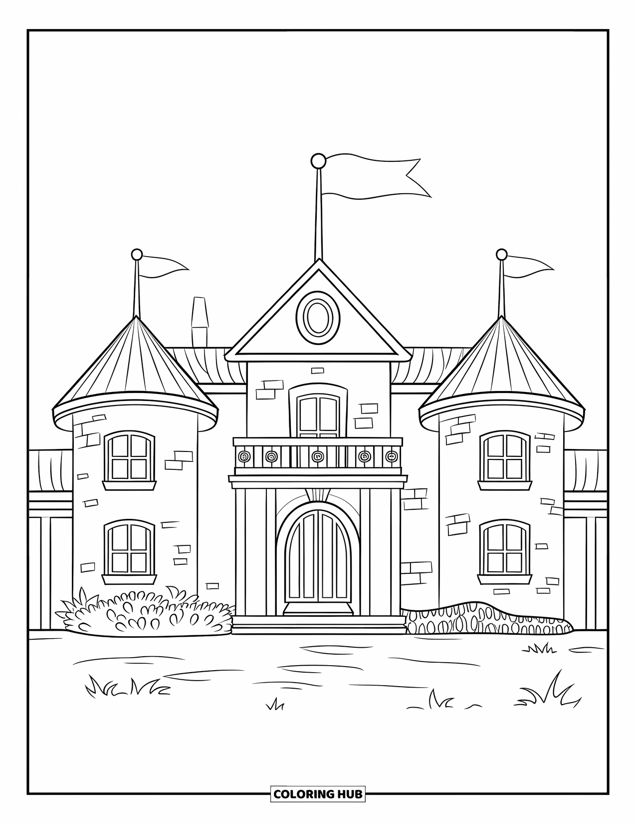 Mansion Coloring Page for Kids: Simple mansion with round towers, small windows, large front door, and open field