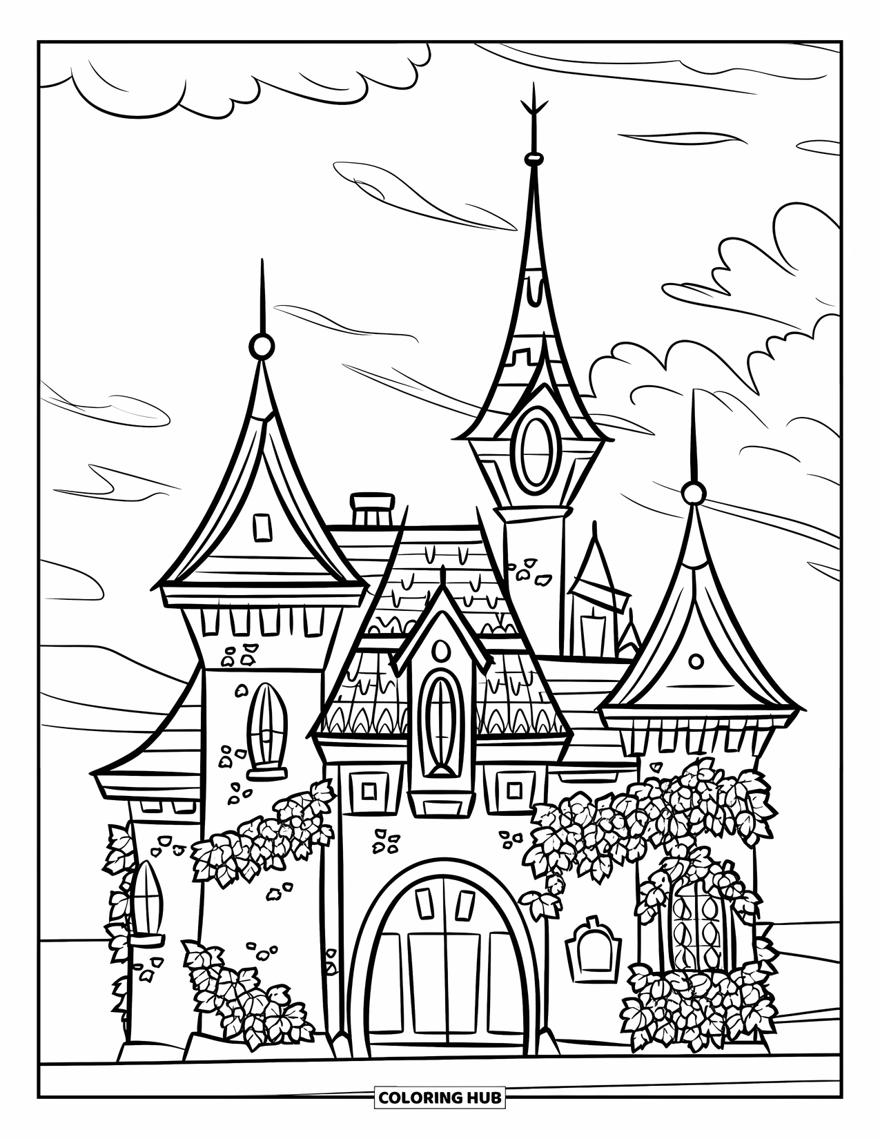 Mansion Coloring Page for Kids: Towered mansion with ivy walls, large door, and cloudy sky backdrop